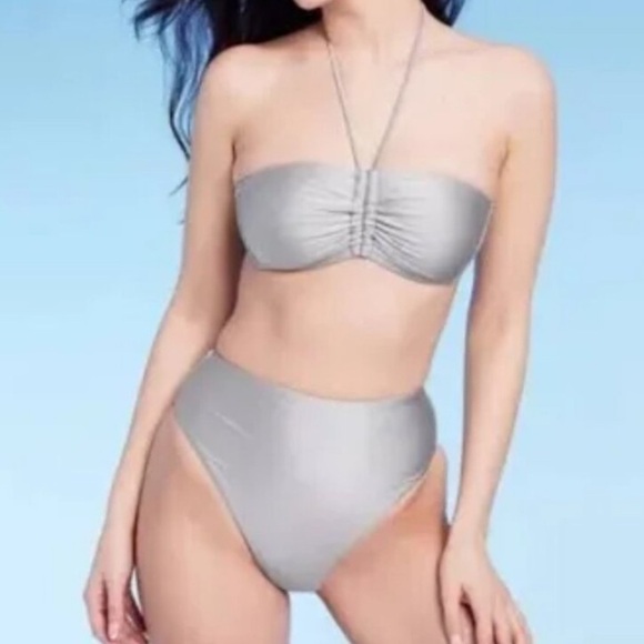 Shade & Shore Gray Ruched Bandeau Bikini Top|High-Waisted Bikini Bottom 2X. NWT - Picture 1 of 15